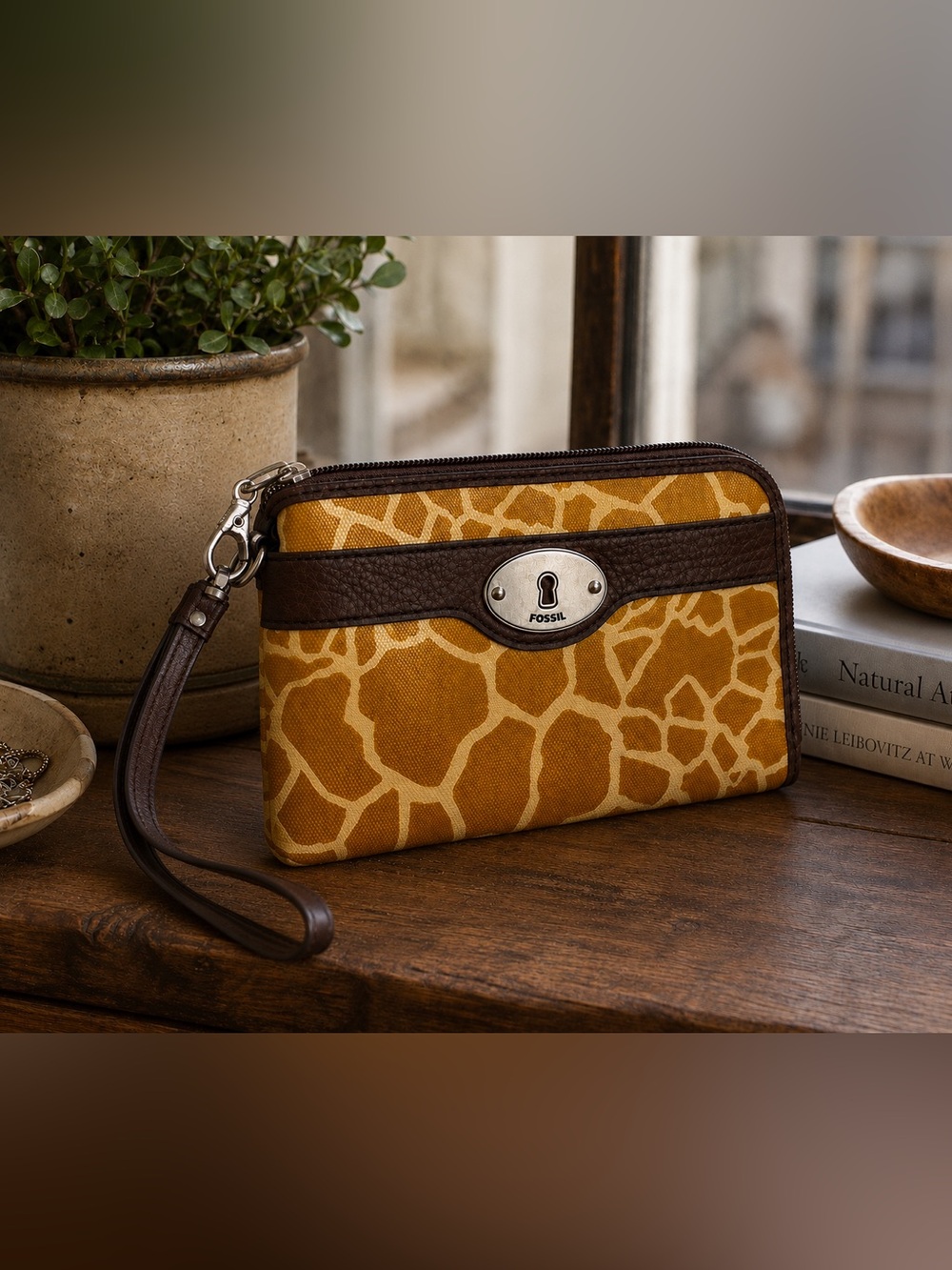 Fossil Key-Per Giraffe Print Leather Trim Wristlet Clutch Yellow